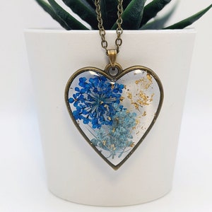 Handmade Flower Heart Resin Necklace - Real Wildflowers, Gold Foil - 18" Bronze Chain Necklace - Nature-inspired Jewelry