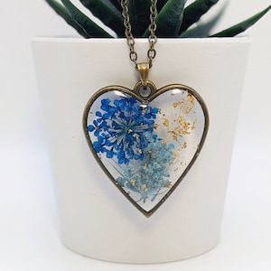 Handmade Flower Heart Resin Necklace - Real Wildflowers, Gold Foil - 18&quot; Bronze Chain Necklace - Nature-inspired Jewelry