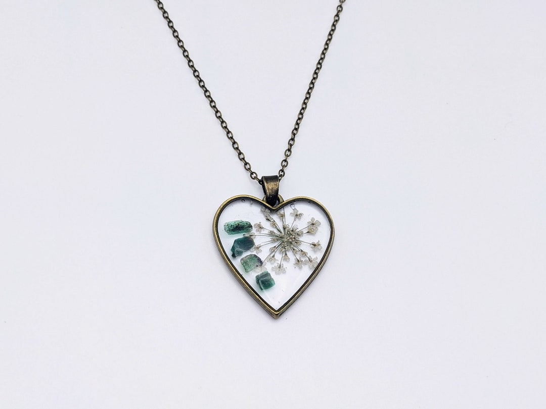 Emeralds & Dried Flower Necklace 1619 Bronze Chain Handmade Resin