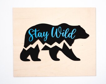 Wooden Bear Wall Art, Stay Wild Plywood Art, Wood Animal Wall Art, Painted Wood Bear Wall Art, Animal Lover Gift