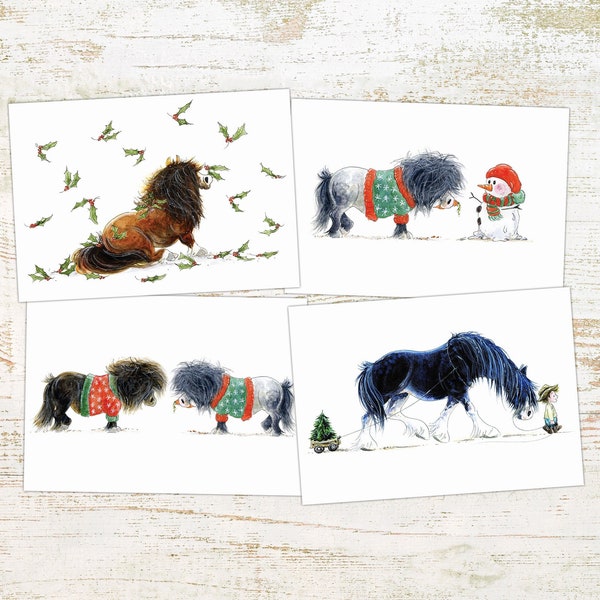Pferd und Pony Weihnachtskarten - 4, 8 oder 20 - Lustige, bezaubernde Karten