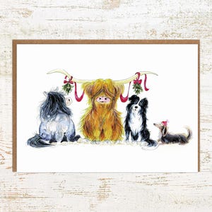 Cartão de Natal Highland Mistletoe - Cartão de Natal A6 aquarela Highland Cow, pônei e cachorros para amantes de animais!