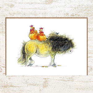 Perchoir - carte de voeux poulets et poneys - carte poulets et poney A6 illustrée à la main