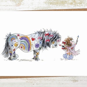 Poney peint - carte de voeux poney et enfant / carte d'anniversaire