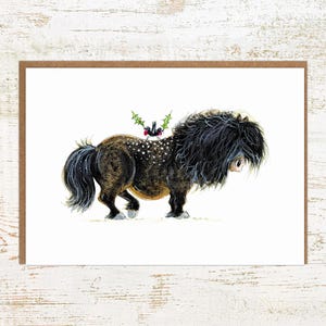 Cartão de Natal Pudding Pony - A6 Cartão de felicitações de Natal Brown Shetland Pony