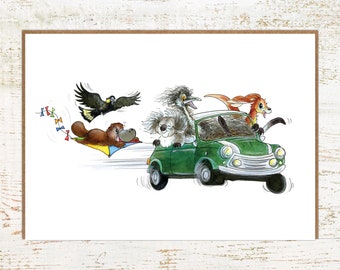 Mini, A6 Australian Animals Birthday Card - Koala, Kangaroo, Emu in a Green Mini Car