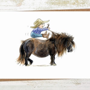 Onde está o botão Ir? Cartão de saudação/cartão de aniversário para pônei e criança - cartão pônei aquarela A6