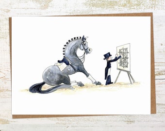 May include: Watercolor illustration of a gray horse in dressage attire, with a rider in formal wear pointing at a diagram on an easel. The artwork is on a white card with a brown border, suggesting a greeting card or print.