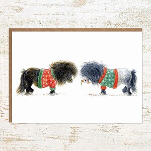 Cartão de Natal com suéteres - Cartão de felicitações de Natal com pôneis de Shetland - A6 ilustrado à mão