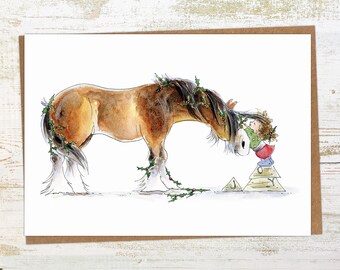 Clydie Joy - Horse Christmas Card - Clydesdale Horse Art Card - Hand Illustrated