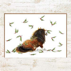 Holly Weihnachtskarte - Shetland Pony Feiertags-Gruß-Karte - A6 Hand illustriert
