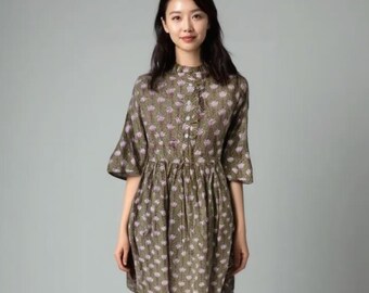 Indian Boat Neck Button Handblock Print Cotton Summer Dress,Block Print Dress,Boho Long Maxi Dress,Midi Dress,Summer Dress,Gift for her