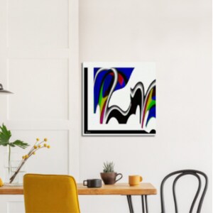 May include: Abstract art print featuring a dynamic composition of black, white, blue, red, and yellow shapes. The artwork is framed in black and hangs on a white wall. The image is of a modern art piece.