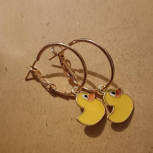Yellow rubber duck hoop earrings. Little duckie earrings. Animal/ bird earrings. Bold earrings. Novelty fun earrings