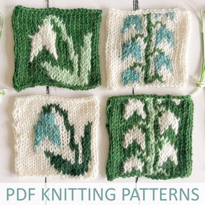 May include: Four knitted squares featuring a white snowdrop flower design on a green background. The squares are arranged in a 2x2 grid.  PDF Knitting Patterns.