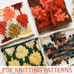 Può includere: Quattro quadrati a maglia con diversi motivi a foglia. I quadrati sono in tonalità di rosso, arancione, giallo, verde, marrone e blu. Il testo "PDF KNITTING PATTERNS" è nella parte inferiore dell'immagine.