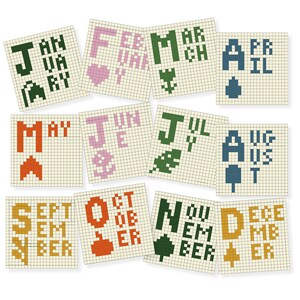 May include: Twelve colorful squares with the months of the year spelled out in pixel art. Each square has a different color and design.