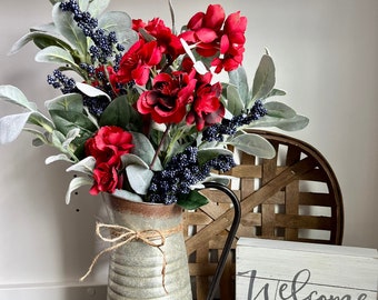 Patriotic Floral Arrangement in Galvanized Pitcher or Jug, Lamb's Ear with Red Flowers & Blue Berries, 4th of July, Military Floral