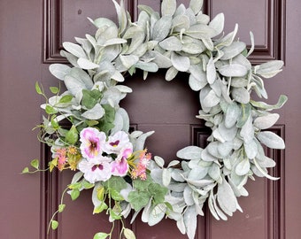 Cottage Style Front Door Wreath with Lamb’s Ear Pansy and Ivy, Spring Wreath, Summer Front Door Wreath, Summer Grennery and Floral Wreath