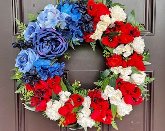 Couronne patriotique pour porte d'entrée, élégante couronne de drapeau patriotique rouge blanc bleu, couronne florale de drapeau américain, couronne d'été du 4 juillet