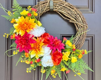 Bright Summer Wreath, Summer Bouquet Wreath, Tropical Door Wreath, Peony Dahlia Ranunculus Poppy Wreath, Summer Farmhouse Mantel Wreath