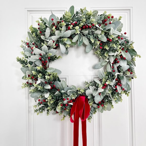Winter Red Berry, Eucalyptus & Lamb's Ear Front Door Wreath | Christmas Greenery Wreath with Red Berries | Valentine Red Berry Wreath