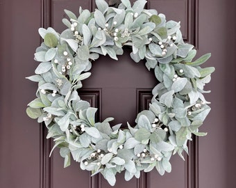 Winter White Berry and Lamb's Ear Wreath | Winter Door Wreath | White Berry Wreath | Greenery Door Wreath | Front Door Wreath with Berries