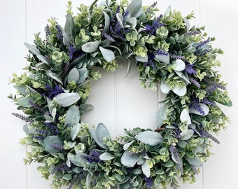 Lavender Eucalyptus and Lamb's Ear Wreath | Purple Lavender Wreath | Spring Farmhouse Door Wreath | Summer Farmhouse Door Wreath