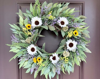 Summer Sunflower and Lavender Farmhouse Wreath, Spring Summer Front Door Wreath, Yellow and White Sunflower Wreath, Classic Summer Wreath