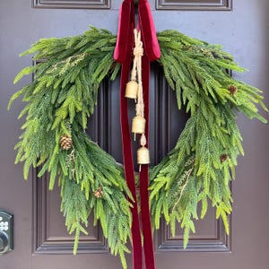 Faux Norfolk Pine Christmas Wreath: Cascading Evergreen with Velvet Ribbon