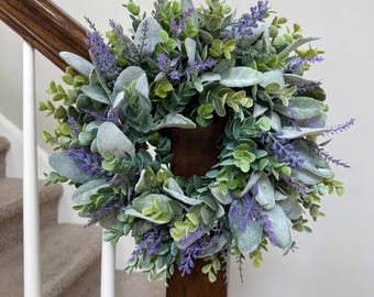 Mini Lavender Eucalyptus and Lamb's Ear Wreath, Purple Lavender Wreath, Spring Farmhouse Candle Wreath, Mini Lavender Cabinet Chair Wreath