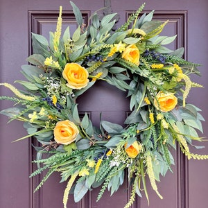 Farmhouse Greenery Wreath with Yellow Ranunculus and Blue Berries, Spring and Summer Front Door Wreath, Blue and Yellow Floral Wreath