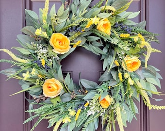 Farmhouse Greenery Wreath with Yellow Ranunculus and Blue Berries, Spring and Summer Front Door Wreath, Blue and Yellow Floral Wreath