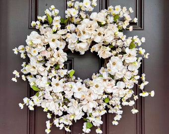 Spring Pink Cherry Blossom Front Door Wreath, Mother's Day Wreath Gift, Summer Cottage Door Wreath, Whimsical Floral Door Wreath