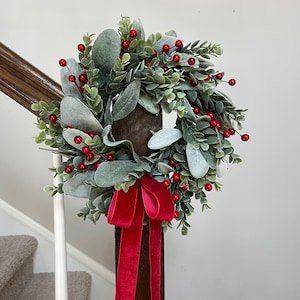Winter Red Berry Mini Wreath Christmas Decor, Cabinet Candle or Chair Mini Wreaths, Christmas Greenery Wreath with Red Berries