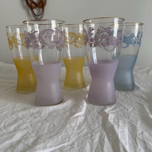 Vintage Mid Century Modern Frosted Drinking Glasses, Set of 5 Hourglass Tumblers, Raised  Design