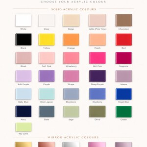 May include: A color chart titled MAMA & BAE ACRYLIC COLOUR COLLECTION displaying a grid of solid and mirror acrylic color swatches. Each rectangular swatch is labeled with its specific color name, including white, black, pink, blue, and metallic tones.