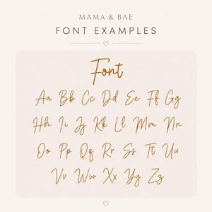 May include: A digital display of font examples featuring the text MAMA & BAE FONT EXAMPLES at the top. Below, the full alphabet is presented in uppercase and lowercase letters using a gold-colored cursive script font on a light background.