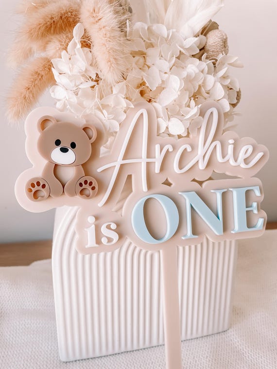 Personalised Teddy Bear Birthday Cake Topper, Custom Name and Age, Layered Acrylic First Birthday Decoration