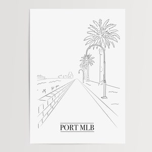Peut inclure: Dessin au trait en noir et blanc d'une scène côtière avec des palmiers, des lampadaires et un chemin. Le texte "PORT MLB" est en bas de l'image. Un navire est visible au loin.
