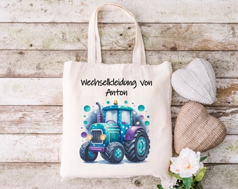 Traktor Wechselkleidung  Tragetasche Beutel  für die Kita / Kindergarten personalisiert Name Tasche Kinder Mädchen Junge Mama Papa Wäsche