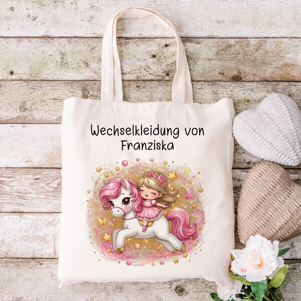 Kindergarten Tasche personalisiert mit Name  Pferd Wechselkleidung Tragetasche Beutel für die Kita  Kindergarten Kinder Mädchen Junge Wäsche