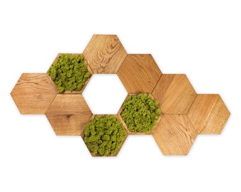 Composición 3D Musgo Real Moss Decoración Planta Arte de la pared Paneles de madera de musgo verde - Listones decorativos interiores de madera Hexágonos de pared MADERA DE ROBLE MAXI