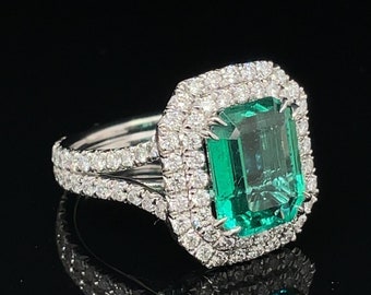 4.41 Carat Double Halo Natural Emerald Cut Emerald Ring, Zambian Emerald