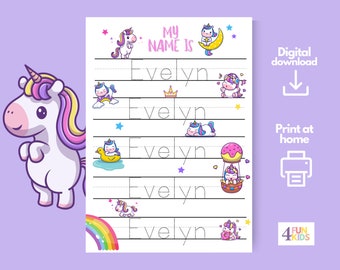 UNICORN Benutzerdefinierte Name Ablaufverfolgung Blatt, Mädchen Handschrift Praxis Personalisierte Name Ablaufverfolgung Arbeitsblatt Druckbare Handschrift Seite Kinder Schreiben