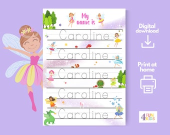 FAIRY Benutzerdefiniertes Namensverfolgungsblatt, Mädchen-Handschriftpraxis Personalisierte Namesverfolgungs-Arbeitsblatt-Druckbare Handschriftseite Kinder Schreiben