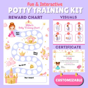 Peut inclure: Un tableau de récompense et un certificat d'apprentissage de la propreté imprimables sur le thème de la princesse. Le tableau présente un château rose et or, une licorne et un carrosse. Le certificat a une couronne rose et un château rose et or. Le texte sur le tableau dit "Mila's Potty Training Chart". Le texte sur le certificat dit "Ce certificat est fièrement remis à Mila".