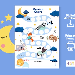 Guter-Nacht-Schlaf-Belohnungsplan für Kinder, druckbare nächtliche Sterne & Mond-Verhaltens-Tracker, ermutigendes Schlafdiagramm für die ganze Nacht mit Tieren