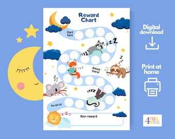 Guter-Nacht-Schlaf-Belohnungsplan für Kinder, druckbare nächtliche Sterne & Mond-Verhaltens-Tracker, ermutigendes Schlafdiagramm für die ganze Nacht mit Tieren