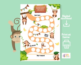MONKEY Belohnungstabelle | Junge Belohnung | Chore Chart Druckbare Tabelle des Tierverhaltens | Chart für die tägliche Hausarbeit | Kids Routine Sticker Chart